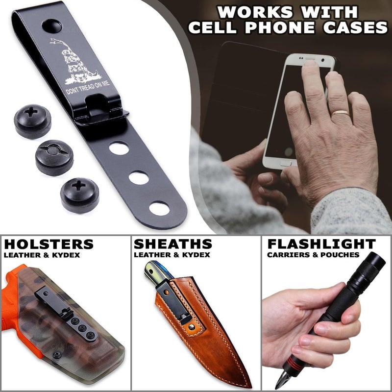 Holstex HolsterSmith Universal Metal Belt Clip for Holster Making - (Model 5) - (3-Hole) - (Tactical Black) - (w/Don’t Tread On Me Engraving) - (w/Mounting Hardware) - (1 Pack) - Image 2